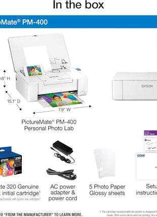 Epson PictureMate PM-400 Wireless Compact Color Photo Printer, white | Compact wireless photo printing; borderless 4 x 6 and 5 x 7 in., mobile support; ideal for home and travel