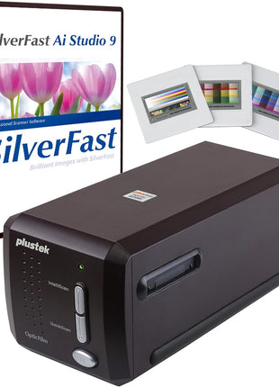 Plustek OpticFilm 8300i Ai Film Scanner - Ai Studio 9 + Advanced IT8 Target | Scan 35mm Film & Slide, Bundle SilverFast Ai Studio 9 + QuickScan Plus, Include Advanced IT8 Calibration Target (3 Slide)