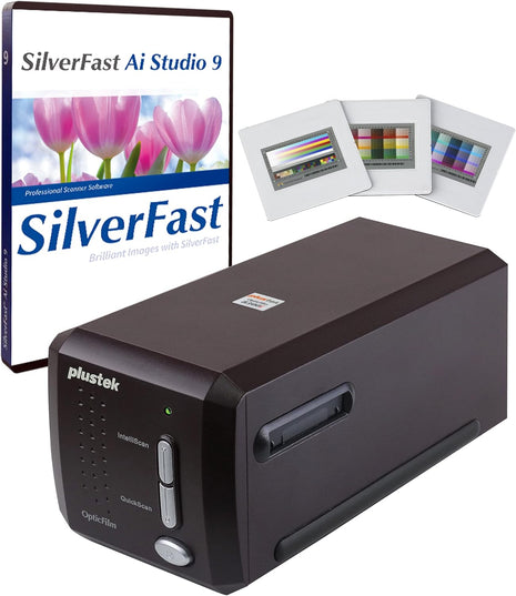 Plustek OpticFilm 8300i Ai Film Scanner - Ai Studio 9 + Advanced IT8 Target | Scan 35mm Film & Slide, Bundle SilverFast Ai Studio 9 + QuickScan Plus, Include Advanced IT8 Calibration Target (3 Slide)