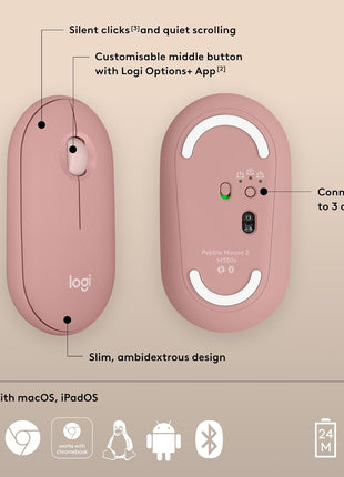 Logitech Pebble Mouse 2 M350s Slim Bluetooth Wireless Mouse, Portable, Lightweight, Customizable Button, Quiet Clicks, Easy-Switch for Windows, macOS, iPadOS, Android, Chrome OS - Tonal Rose