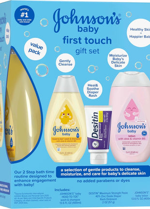 Johnson's First Touch Baby Gift Set, Baby Bath, Skin & Hair Essential Products, Kit for New Parents with Wash & Shampoo, Lotion, & Diaper Rash Cream, Hypoallergenic & Paraben-Free, 4 items