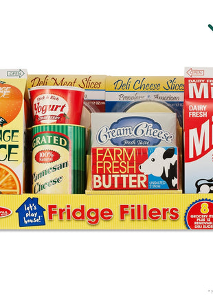 Melissa & Doug Fridge Fillers Grocery Play Food Cartons (8 Pieces) Wooden Toy Groceries, Pretend Play Food, Kitchen Accessories for Kids Ages 3+ - FSC Certified