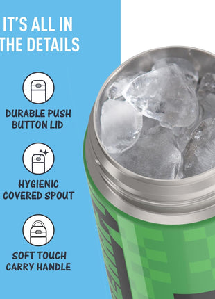 THERMOS FUNTAINER Water Bottle with Spout, 16oz, Minecraft | Kids Stainless Steel Insulated Water Bottle, Keeps Drinks Cold Longer for School & Play, BPA-Free