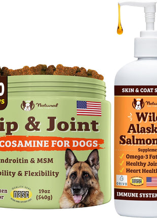 Natural Dog Company Hip & Joint Chews & Wild Alaskan Salmon Oil Bundle – 180 Ct Glucosamine Supplement + 32 oz Omega-3 Fish Oil for Dogs, Mobility, Joint, Skin & Coat Support