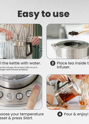 Viante Alba Electric Tea Kettle With Infuser, No Plastic, 1.5L | Borosilicate glass & 304 stainless steel construction. 4 temp presets, keep-warm, cordless, auto shut-off