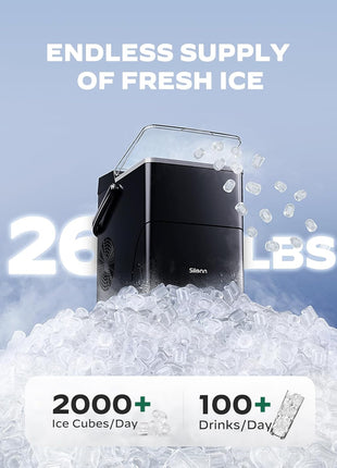 Silonn Countertop Ice Maker with 2.5L Expandable Ice Basket, 26.5lbs/24H, 9 Cubes in 6 Mins, 2 Ice Sizes, Self-Cleaning & LED Touch Control for Home Kitchen Office