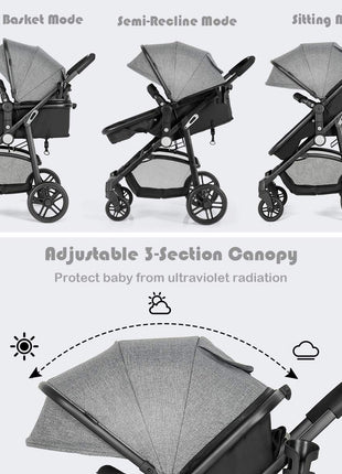 BABY JOY Baby Stroller, 2 in 1 Convertible Carriage Bassinet to Stroller, Pushchair with Foot Cover, Cup Holder, Large Storage Space, Wheels Suspension, 5-Point Harness (Gray)