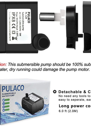 PULACO 95GPH 5W Mini Submersible Water Pump for Aquarium Fish Tank, Pond, Fountain, Hydroponics