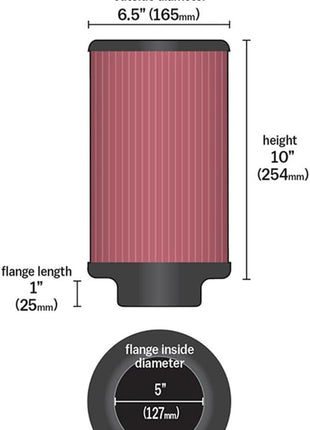 K&N High-Flow Original Lifetime Universal Clamp-On Air Filter: High Performance, Premium, Washable: Flange Diameter: 5 In, Filter Height: 10 In, Flange Length: 1 In, Shape: Round, RU-3220