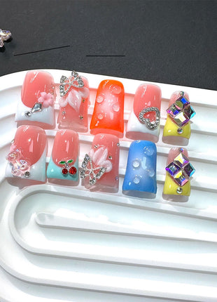 RIICFDD French Press on Nails Orange 5D Flower Art Handmade Duck Nails