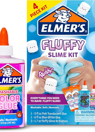 Elmer's Fluffy Slime Kit, Includes Translucent Color Glue, Glitter Glue, Fluffy Slime Activator, 4 Count - Perfect for Birthday Parties, Summer Fun, Creative Kids Activity