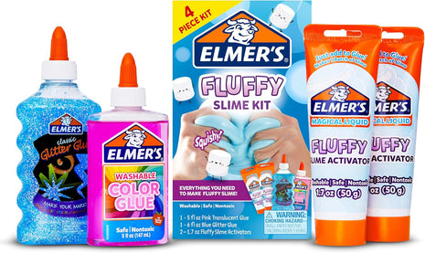 Elmer's Fluffy Slime Kit, Includes Translucent Color Glue, Glitter Glue, Fluffy Slime Activator, 4 Count - Perfect for Birthday Parties, Summer Fun, Creative Kids Activity
