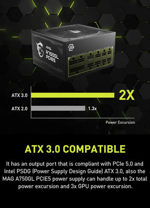 MSI MAG A750GL PCIE5, Fully Modular Compact Gaming 750W Power Supply, 80+ Gold, ATX 3.1 & PCIe 5.1 Ready, Native Dual-Color 12V-2x6 Cable, 10 Year Warranty