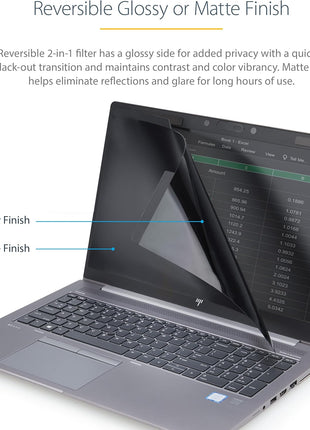 StarTech.com Laptop Privacy Screen for 15.6 inch Notebook - Magnetic Removable Laptop Display Security Filter - Blue Light Reducing Screen Protector - 16:9 - Matte/Glossy - +/-30 Degree, TAA