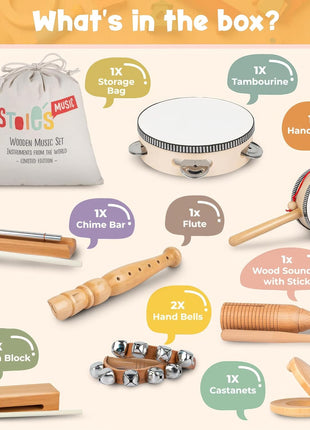 Stoie's Wooden Toddler Musical Instruments with Drum, Hand Bells, Flute, Maracas, Castanet, Tamburine, for Babies and Kids, Eco Friendly Montessori Educational Toy