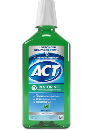 ACT Restoring Zero Alcohol Fluoride Mouthwash 33.8 fl. oz. Strengthens Tooth Enamel, Mint Burst