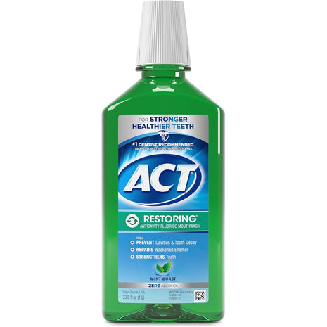 ACT Restoring Zero Alcohol Fluoride Mouthwash 33.8 fl. oz. Strengthens Tooth Enamel, Mint Burst