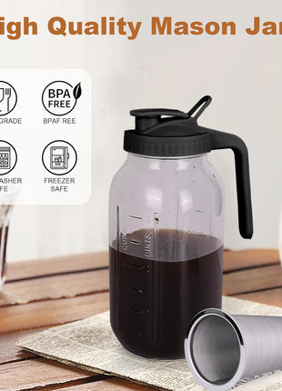 Cold Brew Coffee Maker,64 oz Mason Jar Pitcher with Stainless Steel Filter, Pour Spout Handle Lid, Heavy Duty Glass Airtight & Leak-Proof for Iced Coffee,Tea & Lemonade