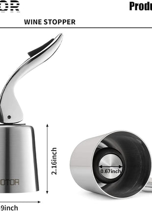 WOTOR Stainless Steel Wine Bottle Stoppers with Silicone   Reusable Wine Saver and Decorative Bottle Sealer, Leakproof, Keep Fresh, Silver, 2 Pack