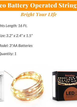Ariceleo Led Fairy Lights Battery Operated, 1 Pack Mini Battery Powered Copper Wire Starry Fairy Lights for Bedroom, Christmas, Parties, Wedding, Centerpiece, Decoration (5m/16ft Warm White)