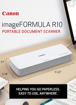 Canon imageFORMULA R10 - Portable Document Scanner, USB Powered, Duplex Scanning, Document Feeder, Easy Setup, Convenient, Perfect for Mobile Users, White