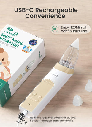 GROWNSY Nasal Aspirator for Baby, Electric Baby Nose Sucker, Automatic Nose Cleaner with Larger Suction Chamber and More Powerful Suction, Music and Light Soothing Function, Beige