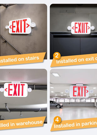 LIT-PaTH LED Combo EXIT Sign with 2 Adjustable Head Lights and Doube Face, Back Up Batteries- US Standard Red Letter Emergency Exit Lighting, UL 924 and CEC Qualified, 120-277 Voltage, 1-Pack