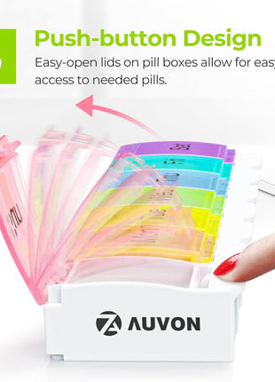 AUVON Weekly Pill Organizer Arthritis Friendly, BPA Free Travel 7 Day Pill Box Case with Spring Open Design and Large Compartment to Hold Vitamins, Cod Liver Oil, Supplements and Medication