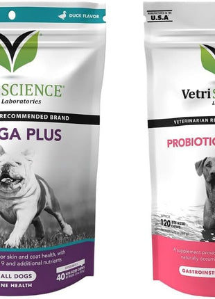 VetriScience Probiotic Everyday for Dogs, Duck Flavor, 120 Chews & Omega Plus Advanced Skin Supplement for Dogs, 40 Chews