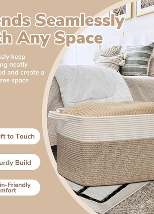 Goodpick Large Woven Blanket Basket, 21.6 inch x 14.9 inch x 11.8 inch Storage Baskets for Organizing, Rectangle Cotton Rope Toy Basket for Living Room, Bedroom, White & Brown