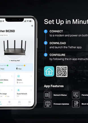 TP-Link Dual-Band BE5000 WiFi 7 Router Archer BE260 | 5-Stream 5Gbps | 1×2.5G WAN+1×2.5GLAN+3×1G Ports, USB 3.0 | 5 External Antennas | VPN Clients & Server | Easy-Mesh, HomeShield, MLO, Private IOT