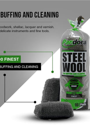 Pandora Steel Wool #0000 - Finest Grade, 16 Pads for Buffing and Cleaning - Quality Metal Strands - Ideal for Windows and Furniture