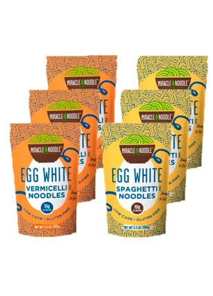 Miracle Noodle Egg White Pasta Variety Pack, 3.5 Oz (Pack of 6), Spaghetti, Vermicelli Angel Hair, Ready to Eat Egg White Noodles, 10g Protein, 45 Calories, 1g Net Carbs Per Serving, High Protein, Keto, Gluten-Free