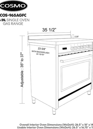 36 in. Nebula Coll 4.4 cu ft 5 Burner Gas Range Convection, Stainless Steel | Cosmo COS-965AGFC Oven Fan Circulation, Cast Iron Grates, Digital Display with Timer, Metal Knobs, Liquid Propane Convertible