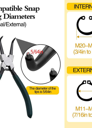 4pcs 7in Snap Ring Pliers, 5/64in Tips | for Ring Remover Retaining and Remove Hoses, Gaskets