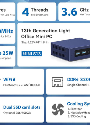 Beelink Mini S13 Mini PC,13th Intel Twin Lake-N150 (up to 3.6GHz, Upgraded N100), 16GB DDR4 500GB M.2 SSD, Mini Desktop Computer Support 4K Dual Display/USB 3.2/WiFi 6/BT 5.2 for HTPC/Office/Business