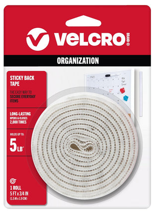 VELCRO Brand 5 Ft x 3/4 In | White Tape Roll with Adhesive | Cut Strips to Length | Sticky Back Hook and Loop Fasteners | Perfect for Home, Office or Classroom