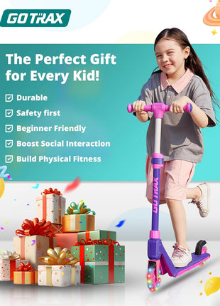 Gotrax K03 Kids Kick Scooter, LED Light, 2 Wheels for Boys & Girls 3+, Gift | Adjustable Handlebar, Easy Assembly, Lightweight, ABEC-7 Bearings, Wide Anti-Slip Deck, Rear Brake, Max Load 110 lbs, Pink