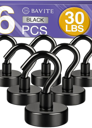 E BAVITE Black Magnetic Hooks, 30LB Strong Neodymium Magnet Hook for Cruise, Grill, Towel, Indoor Hanging, Kitchen, Workplace, Office and Garage - 6 Pack