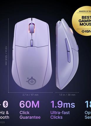 SteelSeries Rival 3 Wireless Gen 2 Gaming Mouse 鈥?2.4GHz and Bluetooth 鈥?18000 DPI TrueMove Air Optical Sensor 鈥?60 Million Click Durability 鈥?Light-Weight 鈥?100% PTFE Feet 鈥?Lavender