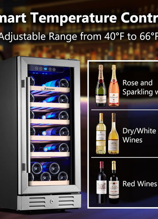 Kalamera 15 Inch Wine Cooler Refrigerator - 30 Bottle Under Counter Mini Fridge with Double-Layer Tempered Glass Door and Temperature Memory Function Built-in or Freestanding
