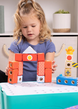 Melissa & Doug BlockablesTM Deluxe City Snap and Play, Mix and Match Connectable Wooden Building Blocks Set with Storage Bin and Play Lid (122 Pcs) Ages 2 to 7- FSC Certified
