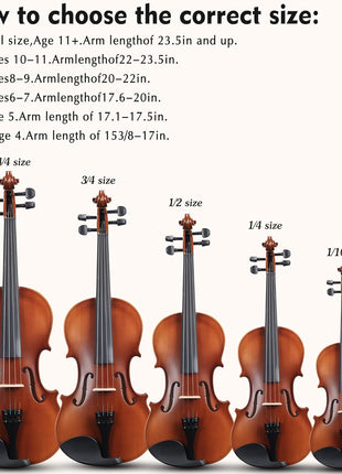 ADM 1/4 Size Wood Violin Set for Kids Teens Students Adults Beginner Acoustic Violin Matte Fiddle Starter Kit with Hard Case, Rosin, Shoulder Rest, Bow, Clip-on Tuner and Fingerboard Sticker