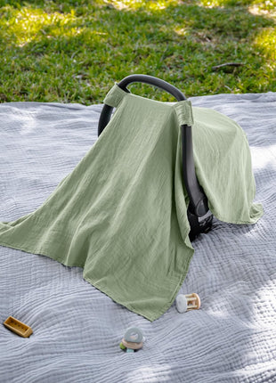 Comfy Cubs Baby Car Seat Cover - Soft, Breathable Bamboo Rayon and Muslin Cotton Blend - Lightweight Canopy for Sun, Bug, and Comfort Protection - Large Size Infant Seat Cover in Sage Design