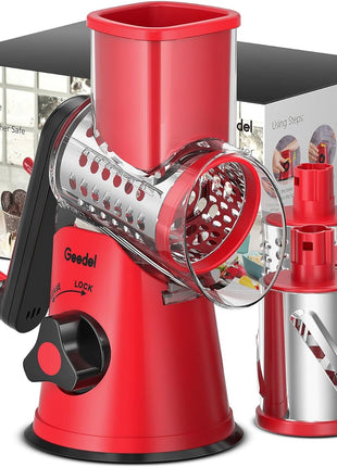 Geedel Rotary Cheese Grater, Kitchen Mandoline Vegetable Slicer with 3 Interchangeable Blades, Easy to Clean Grater for Fruit, Vegetables, Nuts