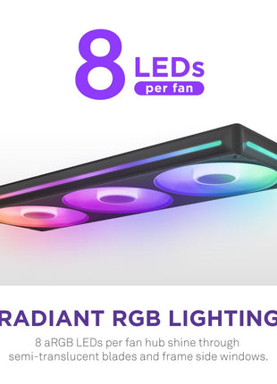 NZXT F360 RGB Core - 360mm Single-Frame RGB Fan Unit - Black | 360mm single-frame unit with three 120mm RGB fans on one cable. Speed and lighting controlled through CAM.