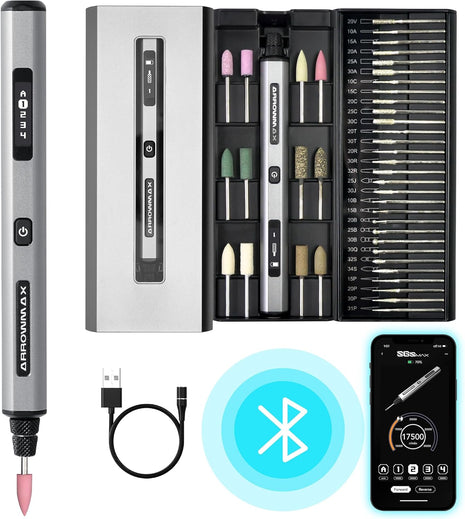 AM ARROWMAX Smart Engraving Pen, HollowCup Motor, 42 Bits with Aluminum Case, OLED, Magnetic Charge, Mini Electric Engraving Tool for Metal, Wood, Glass and Plastic (SGS PRO)