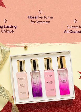 Bellavita Luxury Women's Perfume Gift Set with Rose, Senorita, Date, Glam | Long-lasting women's perfume gift set with Rose, Senorita, Date & Glam Eau de Parfum for every occasion.