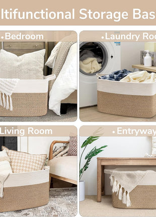 Goodpick Large Woven Blanket Basket, 21.6 inch x 14.9 inch x 11.8 inch Storage Baskets for Organizing, Rectangle Cotton Rope Toy Basket for Living Room, Bedroom, White & Brown