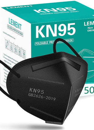LEMENT 50pcs KN95 Face Mask Black 5-Layer Filter≥95% Cup Dust Safety Masks | 5-layer filtration, breathable fit, elastic ear loops, cup design, for adults, ideal travel, work, commuting & daily use